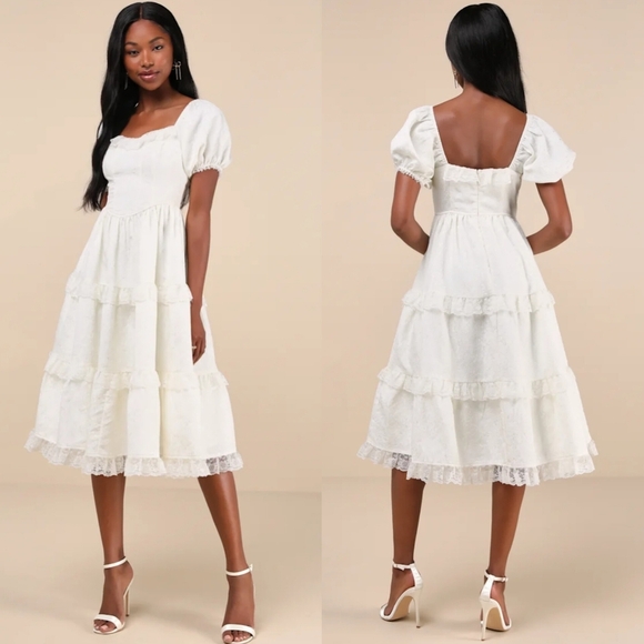 Lulus Dresses & Skirts - Lulus Gorgeously Romantic Ivory Lace Puff Sleeve Tiered Midi Dress M Wedding